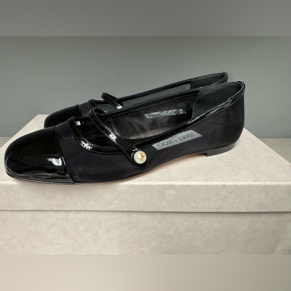 NIB- Jimmy Choo Black Patent Leather Elisa Flats with Pearl Accent - Picture 4 of 8